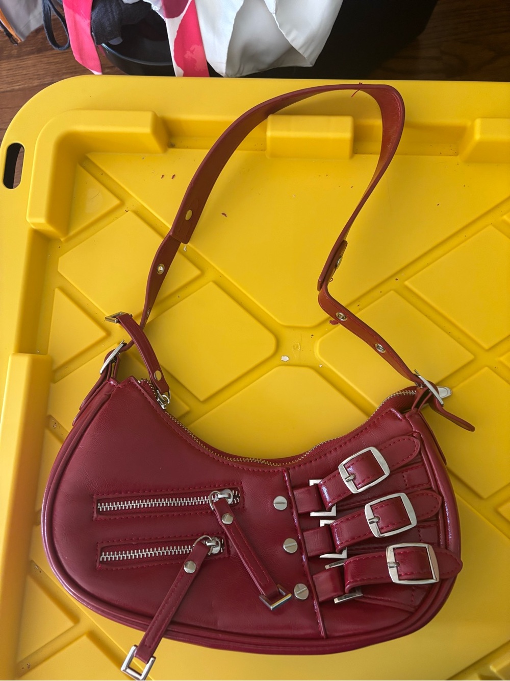 Red Leather Shoulder Bag with Buckle Accents